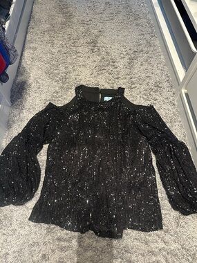 CeCe Black Sequin Cold-Shoulder Blouse
